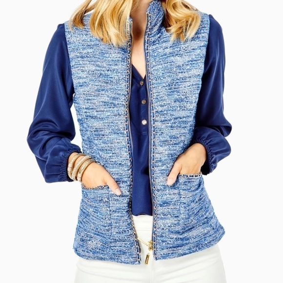 NWT Lillly Pulitzer Noella Blue Thistle Resort Down Filled Boucle Vest. Small - Picture 1 of 10
